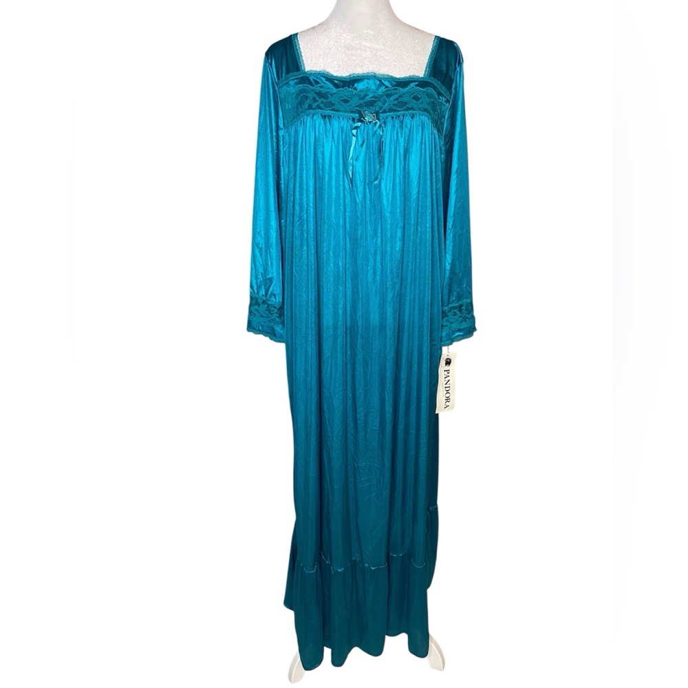 NWT! Pandora Vintage 1980s Teal Satin Lace Trim Ruffle Nightgown House dress - L